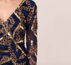 Adrianna Papell Geo Beaded Dress With Three Quarter Sleeves In Black Multi -Allure Attire AP1E210831 AA963 Regular Lifestyle