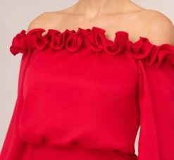 Adrianna Papell Satin Crepe Blouson Jumpsuit With Rosette Trim In Hot Ruby -Allure Attire AP1E210833 AU610 Regular Detail