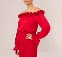 Adrianna Papell Satin Crepe Blouson Jumpsuit With Rosette Trim In Hot Ruby -Allure Attire AP1E210833 AU610 Regular Lifestyle