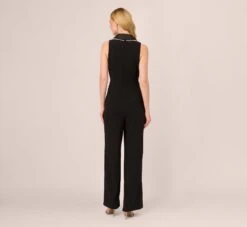 Adrianna Papell Sleeveless Crepe Tuxedo Jumpsuit With Pearl Trim In Black -Allure Attire AP1E210836 AA002 Regular Back