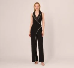 Adrianna Papell Sleeveless Crepe Tuxedo Jumpsuit With Pearl Trim In Black
