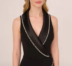 Adrianna Papell Sleeveless Crepe Tuxedo Jumpsuit With Pearl Trim In Black -Allure Attire AP1E210836 AA002 Regular Detail