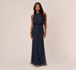 Adrianna Papell Line Beaded Blouson Mermaid Gown With Halter Neckline In Navy Black