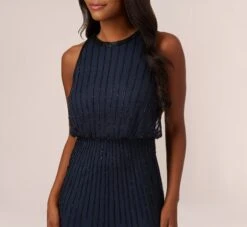 Adrianna Papell Line Beaded Blouson Mermaid Gown With Halter Neckline In Navy Black -Allure Attire AP1E210842 AB410 Regular Detail