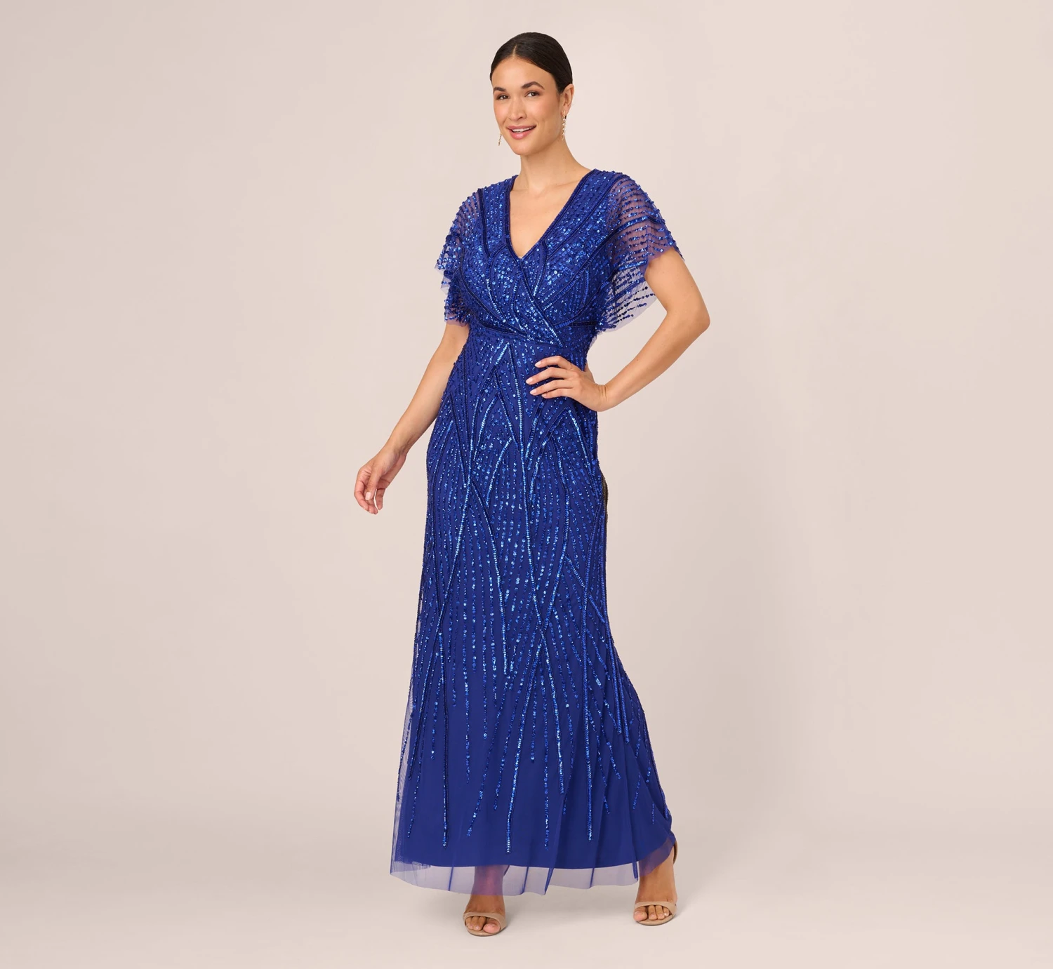 Adrianna Papell Beaded Mermaid Gown With Dolman Sleeves In Ultra Blue 2 Adrianna Papell Beaded Mermaid Gown With Dolman Sleeves In Ultra Blue - Image 2