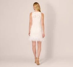 Adrianna Papell Sleeveless Floral Lace Dress With Feather Trim In Ivory -Allure Attire AP1E210888 AA194 Regular Back