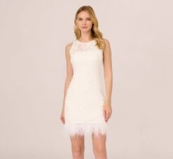 Adrianna Papell Sleeveless Floral Lace Dress With Feather Trim In Ivory