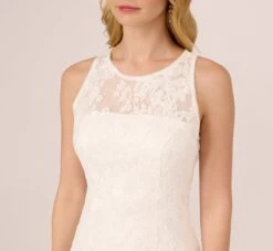 Adrianna Papell Sleeveless Floral Lace Dress With Feather Trim In Ivory -Allure Attire AP1E210888 AA194 Regular Detail