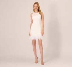 Adrianna Papell Sleeveless Floral Lace Dress With Feather Trim In Ivory -Allure Attire AP1E210888 AA194 Regular Front