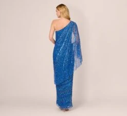 Adrianna Papell One Shoulder Beaded Column Gown With Draped Sleeve In Blue Horizon -Allure Attire AP1E210904 AD402 Regular Back
