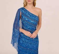 Adrianna Papell One Shoulder Beaded Column Gown With Draped Sleeve In Blue Horizon -Allure Attire AP1E210904 AD402 Regular Lifestyle