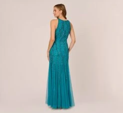 Adrianna Papell Beaded Halter Gown With Godet Skirt In Teal 9 Adrianna Papell Beaded Halter Gown With Godet Skirt In Teal -Allure Attire AP1E210908 AD473 Regular Back
