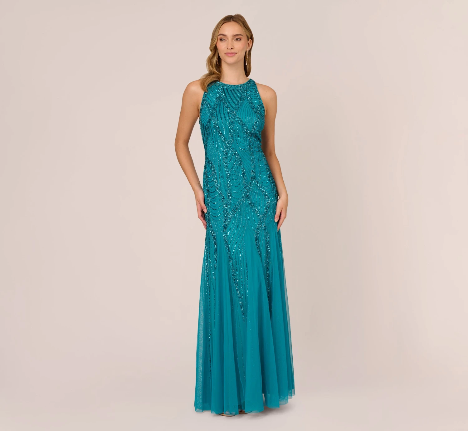 Adrianna Papell Beaded Halter Gown With Godet Skirt In Teal 1 Adrianna Papell Beaded Halter Gown With Godet Skirt In Teal