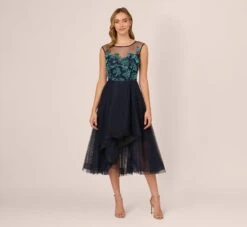 Adrianna Papell Beaded Midi Dress With Tulle Skirt In Midnight Multi