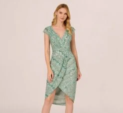 Adrianna Papell Beaded Faux Wrap Dress With Sheer Cap Sleeves In Icy Sage