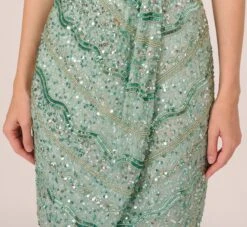Adrianna Papell Beaded Faux Wrap Dress With Sheer Cap Sleeves In Icy Sage -Allure Attire AP1E210922 AB334 Regular Detail