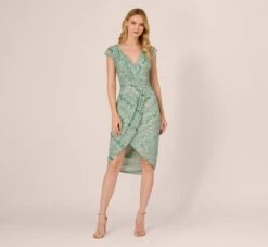Adrianna Papell Beaded Faux Wrap Dress With Sheer Cap Sleeves In Icy Sage -Allure Attire AP1E210922 AB334 Regular Front