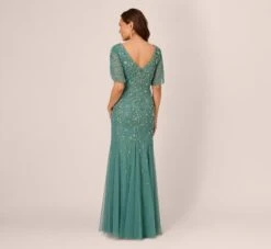 Adrianna Papell Beaded Mermaid Gown With Sheer Petal Sleeves In Green Slate 10 Adrianna Papell Beaded Mermaid Gown With Sheer Petal Sleeves In Green Slate -Allure Attire AP1E210923 AA355 Regular Back