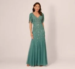 Front Page 17 Adrianna Papell Beaded Mermaid Gown With Sheer Petal Sleeves In Green Slate