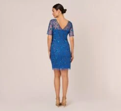 Adrianna Papell 3D Floral Beaded Dress With Sheer Short Sleeves In Blue Horizon 10 Adrianna Papell 3D Floral Beaded Dress With Sheer Short Sleeves In Blue Horizon -Allure Attire AP1E210974 AD402 Regular Back