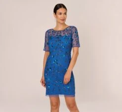 Front Page 22 Adrianna Papell 3D Floral Beaded Dress With Sheer Short Sleeves In Blue Horizon