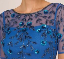 Adrianna Papell 3D Floral Beaded Dress With Sheer Short Sleeves In Blue Horizon 9 Adrianna Papell 3D Floral Beaded Dress With Sheer Short Sleeves In Blue Horizon -Allure Attire AP1E210974 AD402 Regular Detail