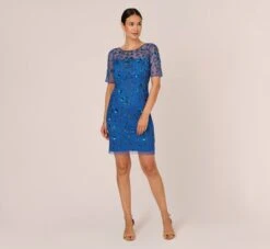Adrianna Papell 3D Floral Beaded Dress With Sheer Short Sleeves In Blue Horizon 12 Adrianna Papell 3D Floral Beaded Dress With Sheer Short Sleeves In Blue Horizon -Allure Attire AP1E210974 AD402 Regular Front