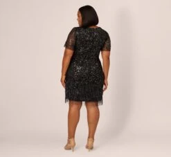 Adrianna Papell Plus Size Beaded Fringe Dress With Sheer Short Sleeves In Black -Allure Attire AP1E211010 AA002 Plus Back
