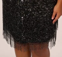 Adrianna Papell Plus Size Beaded Fringe Dress With Sheer Short Sleeves In Black -Allure Attire AP1E211010 AA002 Plus Lifestyle