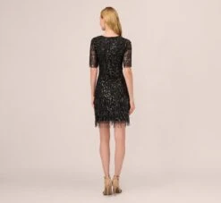 Adrianna Papell Beaded Fringe Dress With Sheer Short Sleeves In Black -Allure Attire AP1E211010 AA002 Regular Back