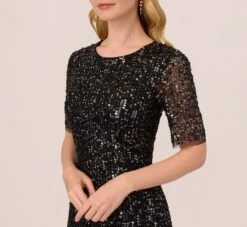 Adrianna Papell Beaded Fringe Dress With Sheer Short Sleeves In Black -Allure Attire AP1E211010 AA002 Regular Detail