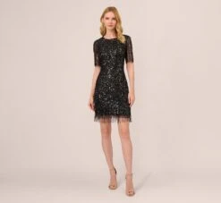Adrianna Papell Beaded Fringe Dress With Sheer Short Sleeves In Black -Allure Attire AP1E211010 AA002 Regular Front