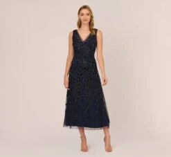 Adrianna Papell Floral Beaded Ankle Length Sleeveless Gown In Navy