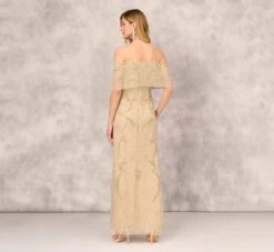 Beaded Cold Shoulder Gown With Popover Bodice In Light Gold -Allure Attire MD1E202408 AA267 Regular Back