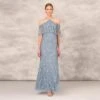 Hand Beaded Cold Shoulder Popover Long A-Line Gown In Vintage Blue