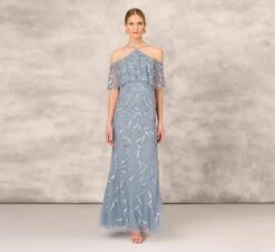 Hand Beaded Cold Shoulder Popover Long A-Line Gown In Vintage Blue