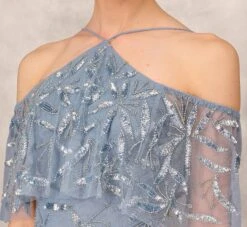 Hand Beaded Cold Shoulder Popover Long A-Line Gown In Vintage Blue -Allure Attire MD1E205785 AC466 Regular Detail