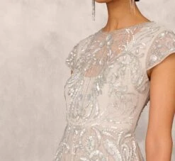 Hand Beaded Illusion Midi-Length Fit-And-Flare Cocktail Dress In Silver -Allure Attire MD1E206654 AA040 Regular Detail