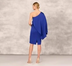 One-Shoulder Satin Draped Sheath Dress With Crepe Back And Cape In Royal Sapphire -Allure Attire MD1E206840 AN401 Regular Back