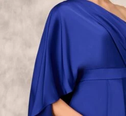 One-Shoulder Satin Draped Sheath Dress With Crepe Back And Cape In Royal Sapphire -Allure Attire MD1E206840 AN401 Regular Detail