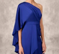One-Shoulder Satin Draped Sheath Dress With Crepe Back And Cape In Royal Sapphire -Allure Attire MD1E206840 AN401 Regular Lifestyle