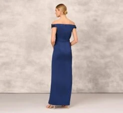Hand Beaded Off The Shoulder Long Column Gown With Slit In Navy -Allure Attire MD1E207083 AC412 Regular Back