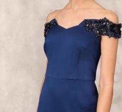 Hand Beaded Off The Shoulder Long Column Gown With Slit In Navy -Allure Attire MD1E207083 AC412 Regular Detail