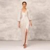 Pleated Foiled Long Column Dress With Slit And Flutter Sleeves In Silver Gold