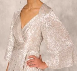 Pleated Foiled Long Column Dress With Slit And Flutter Sleeves In Silver Gold 12 Pleated Foiled Long Column Dress With Slit And Flutter Sleeves In Silver Gold -Allure Attire MD1E207436 AH063 Regular Detail