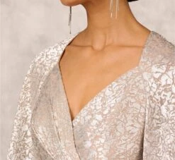 Pleated Foiled Long Column Dress With Slit And Flutter Sleeves In Silver Gold 10 Pleated Foiled Long Column Dress With Slit And Flutter Sleeves In Silver Gold -Allure Attire MD1E207436 AH063 Regular Lifestyle