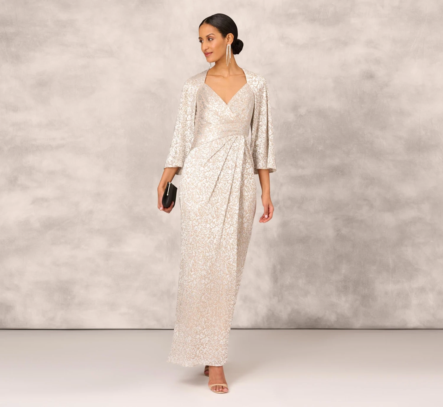 Pleated Foiled Long Column Dress With Slit And Flutter Sleeves In Silver Gold 2 Pleated Foiled Long Column Dress With Slit And Flutter Sleeves In Silver Gold - Image 2