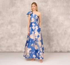 Floral Jacquard One Shoulder Ball Gown With Bow Accent In Royal Sapphire