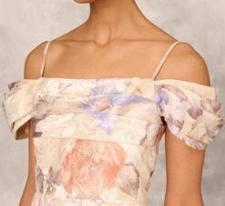 Off The Shoulder Printed Metallic Jacquard Ball Gown In Bronze Multi -Allure Attire MD1E207638 AB233 Regular Detail