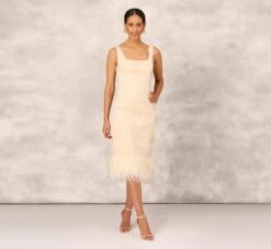 Sequined And Embroidered Midi-Length Sheath Cocktail Dress With Feather Trim In Champagne